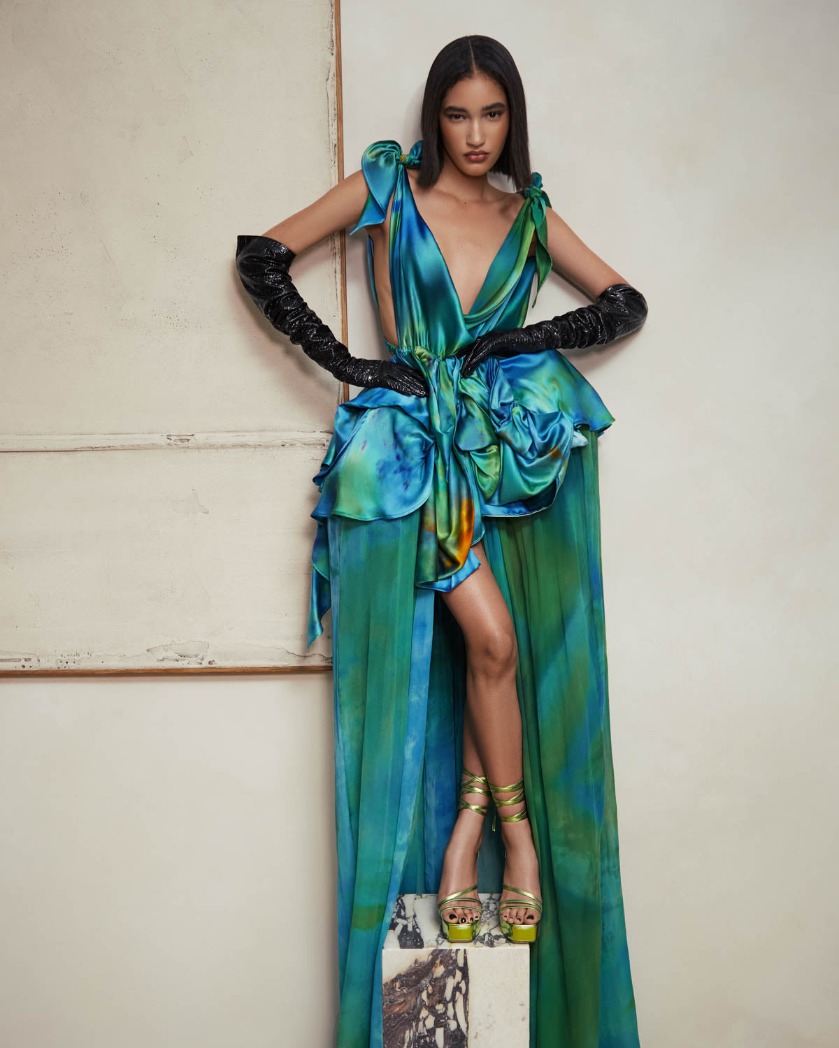 noel evening dresses Blue Spaghetti Straps Mermaid Satin Backless Long Prom Dress, Peacock / 0