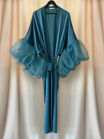 Sea Blue Silk Wilted Sleeve Robe