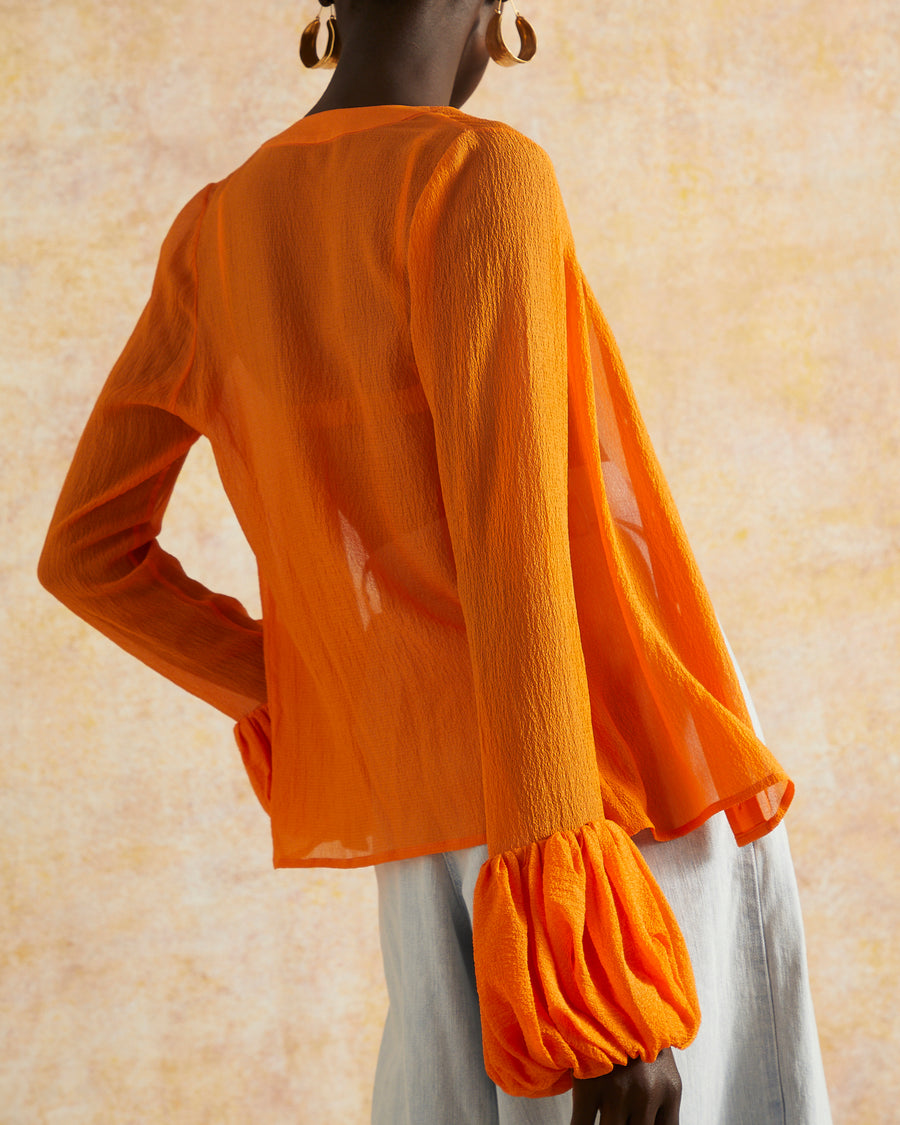 Orange Puff Sleeve Cardigan